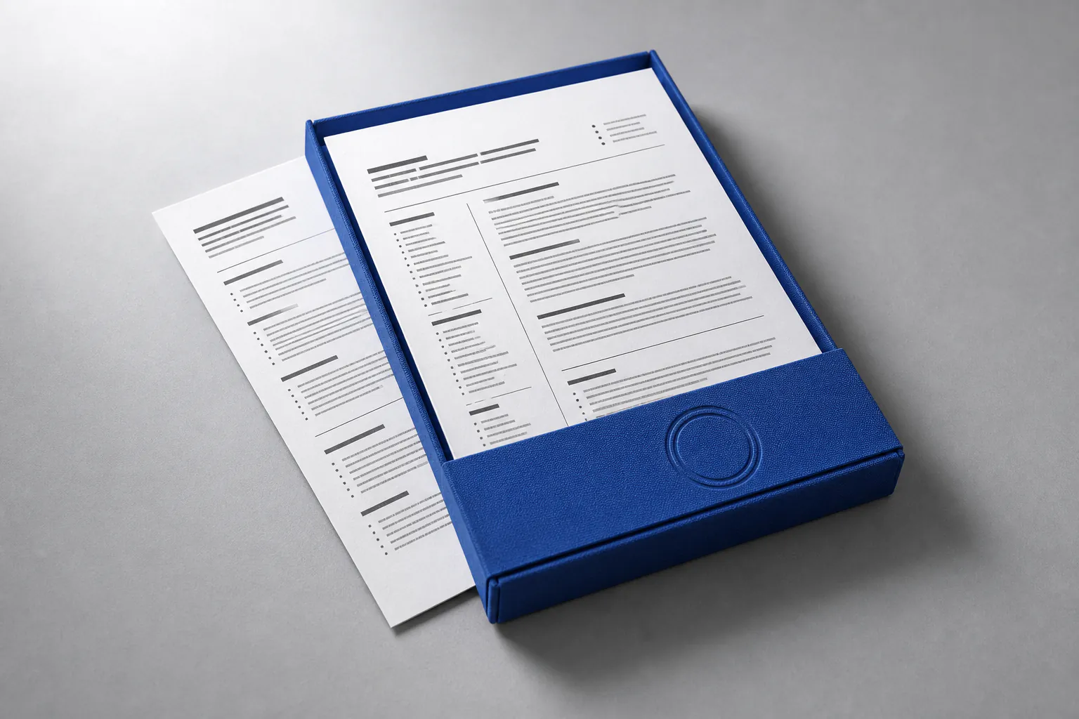A finished two-page resume arranged in a cobalt submission portfolio, ready to send